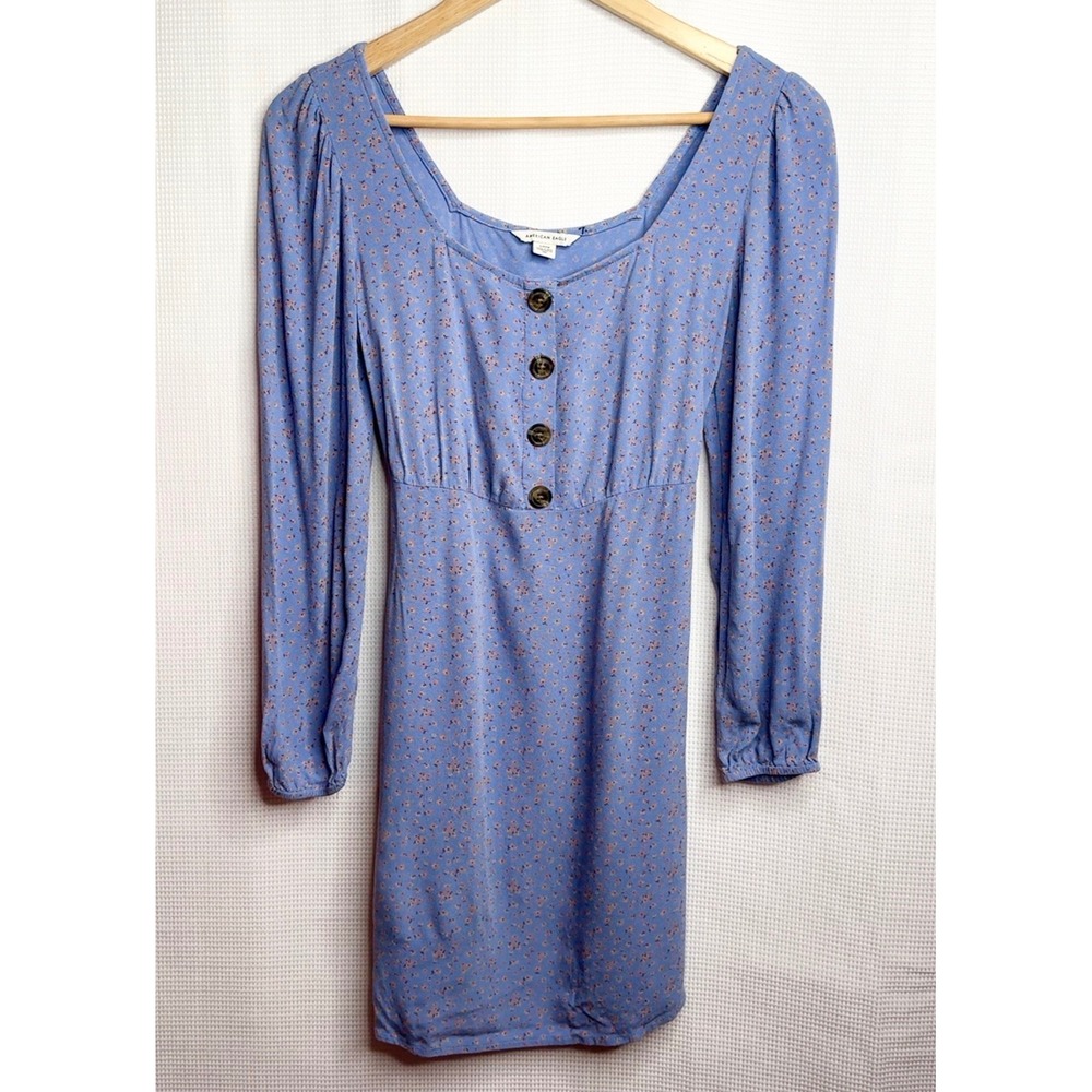 American Eagle Blue Floral Long Sleeve Mini Dress Square Neck Tie Back Small
